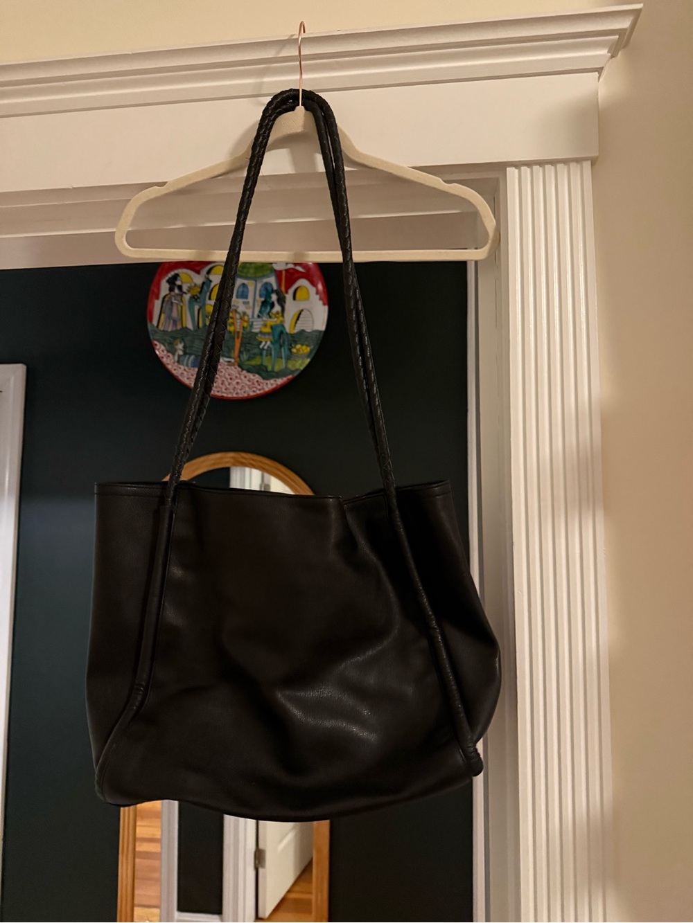 Cole Haan Black Leather Large Tote Shoulder Bag Braided Straps Blue Lining
